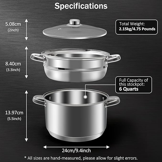 6 QT Stainless Steel Cookware Set, 3-Piece Multipurpose Stock Pot with Steamer Pot and Tempered Glass Lid, Stainless Steel Handle, Work with Gas Electric Induction Stove