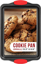 Nonstick Cookie Sheet Pan Carbon Steel Oven Tray Sheet Pan with Red Silicone Handles -Small Bakeware Pan Tray with Gray Coating Inside & Outside