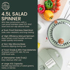 Stainless Steel Salad Spinner 5 Qt, Vegetable & Fruit Washing Bowl with Strainer, ABS & Stainless Steel, lettuce Dryer with Double Drain Holes, Quick Spin for Greens, Easy Grip, Non-Slip Base