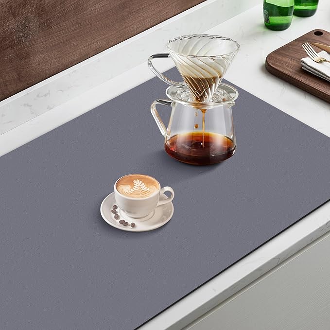 WISELIFE Coffee Mat Super Absorbent Dish Drying Mat Bar Accessories Match with Coffee Machine Large Drying Mats for Kitchen Counter 17" W x 30" L, Grey
