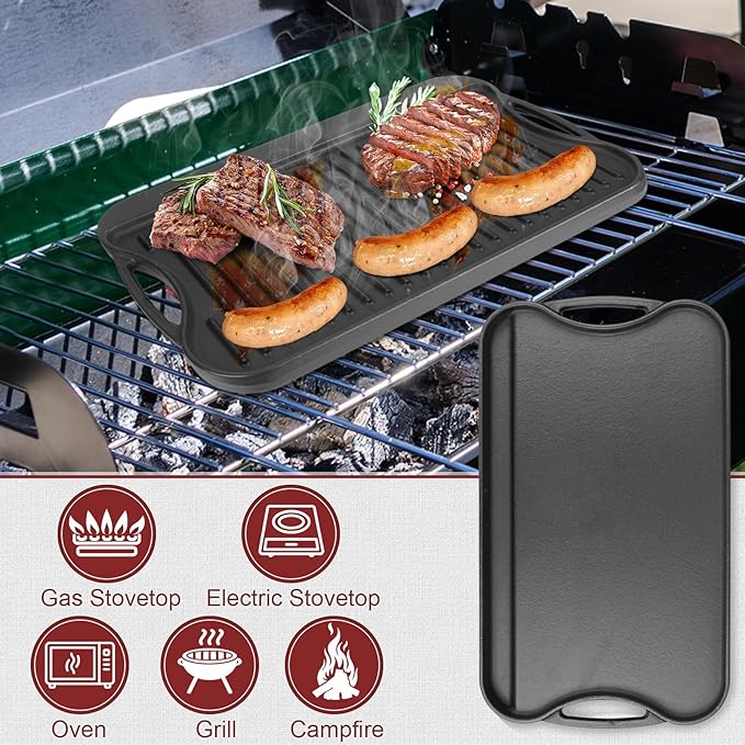 Cast Iron Reversible Grill/Griddle Pan -20"x10.5" Pre-Seasoned Rectangular Double Sided Griddle Plate for Gas Stove, Oven, Camping, Indoor & Outdoor Cooking - Non-Stick, Durable & Versatile