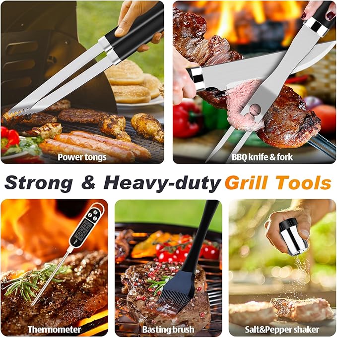 ROMANTICIST 26pcs Stainless Steel Grill Tool Set, Heavy Duty BBQ Grilling Accessories Gifts for Men Dad, Non-Slip Grill Utensils Kit with Apron, Thermometer, Mats in Aluminum Case for Christmas Black