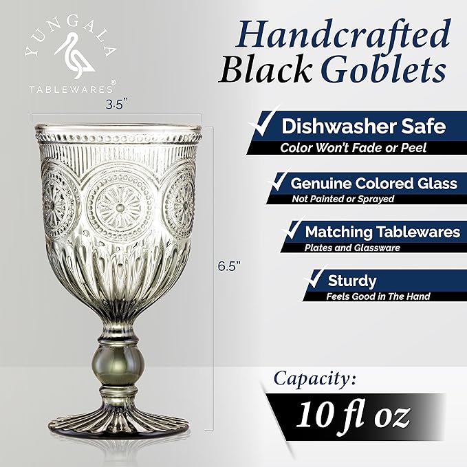 Yungala Smokey Black Wine Glasses Set of 6 Vintage Hobnail Goblets 10 oz Dishwasher Safe