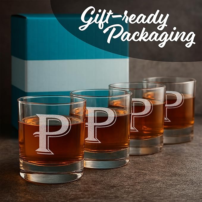 On The Rox (P-Monogram)- 4 Piece Set of 11 Ounce Engraved Heavy Base Rocks Glasses Elegant Glass-Multi-Purpose Beverage-Rocks Glass- Gift for any Occasion Drinks