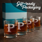 On The Rox (P-Monogram)- 4 Piece Set of 11 Ounce Engraved Heavy Base Rocks Glasses Elegant Glass-Multi-Purpose Beverage-Rocks Glass- Gift for any Occasion Drinks