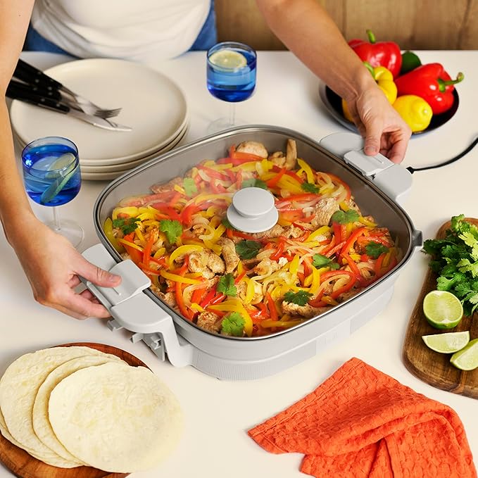 bella Make & Take XL Electric Skillet, Fits-anywhere™ kitchenware, EverGood™ Ceramic Coating, Adjustable Temperature & Dishwasher-Safe Tempered Glass Lid, Cast Aluminum Base, 1200 Watt, Oatmilk
