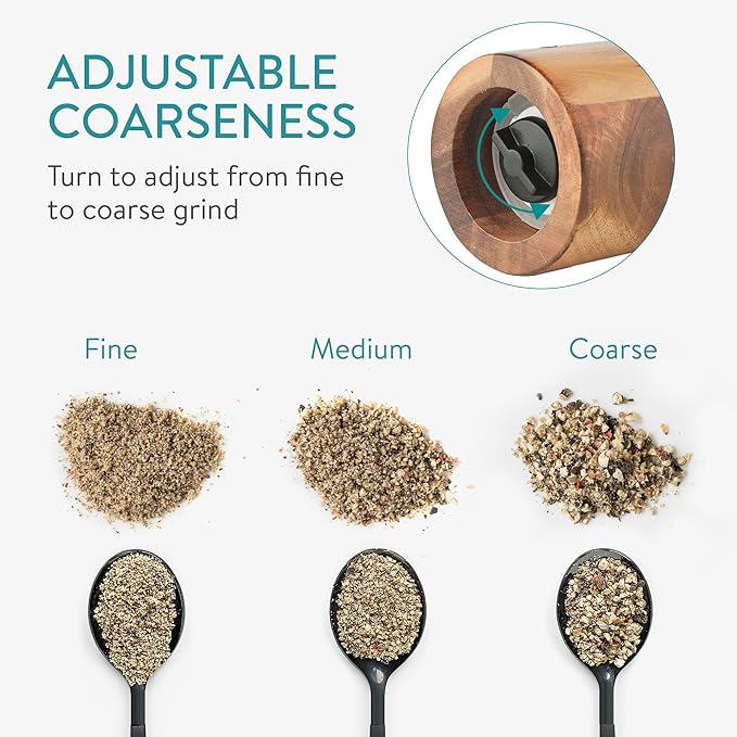 Navaris Salt and Pepper Mill Set with Tray - Adjustable Acacia Wood Salt and Pepper Grinders Shakers with Ceramic Grinding Core for Home, Restaurants