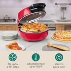 Homecraft Stone Baked Pizza Oven – 12in Woodfired Style Indoor Electric Countertop Pizza Maker – Ceramic Stone & Stainless Steel Peel – Variable Temp Control to 750°F – Homemade Pizza in Minutes-Red