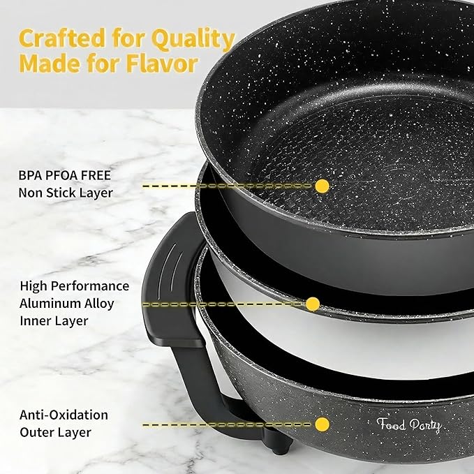 Food Party Electric Skillet with Lid Frying Pan 12 inch 6L Hot Pot Electric Pan for Cooking 110V 1100W Non-Stick PFOA FREE Hotpot