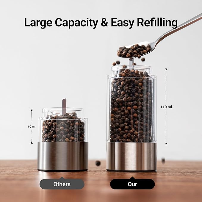 ThermoMaven Electric Salt and Pepper Grinder Set, 110ml Larger Rechargeable Automatic Salt and Pepper Mill Grinder with 6 Adjustable Coarseness, Electric Salt and Pepper Shakers, LED, Greige