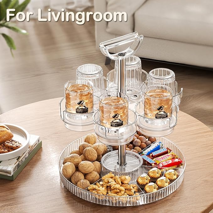 Rotating Coffee Bar Accessories Organizer, 2-Tier Lazy Susan Cup Holder for Stanley 40oz Tumbler with Handle, Countertop Drying Rack Station with Divided Tray for K-Cups, Snacks & Mugs