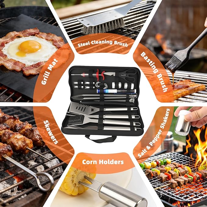 BBQ Grill Accessories, 32Pcs Grilling Gifts for Men Birthday Fathers Day, Heavy Duty Stainless Steel Grill Tool Set, Grill Utensils Kit for Outdoor Grill with Case, Thermometer & Meat Injector
