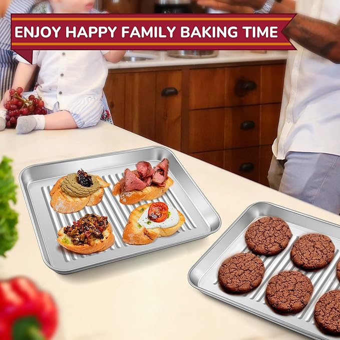 P&P CHEF 10.4 x 8 x 1 Inch Mini Toaster Oven Pan, Stainless Steel Small Baking Pan Oven Tray for Cooking & Roasting, Corrugated Bottom, Healthy & Sturdy, Dishwasher Safe - 2Pcs