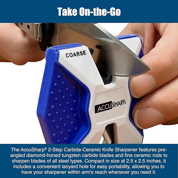 AccuSharp Pull Through Knife Sharpener Keychain, 2-Stage Sharpener for Straight or Serrated Kitchen Knives, Handheld Tool for Fishing & Hunting, White/Blue