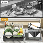 Epicano Dish Drying Rack for Kitchen Counter,Space-Saving Dish Rack,Rustproof Dish Drainer with Utensil Holder and Knife Slots for Sink,Kitchen Drying Rack with Wooden Handle and Cup Holder, Black
