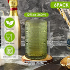 Moretoes Hobnail Drinking Glasses Set of 6,12 Oz Highball Glasses Clear Embossed Boho Water Glass Cups Kitchen Bar Tumbler Glassware Set for Whiskey, Beer, Juice, Milk and Various Mixed Drinks (Green)