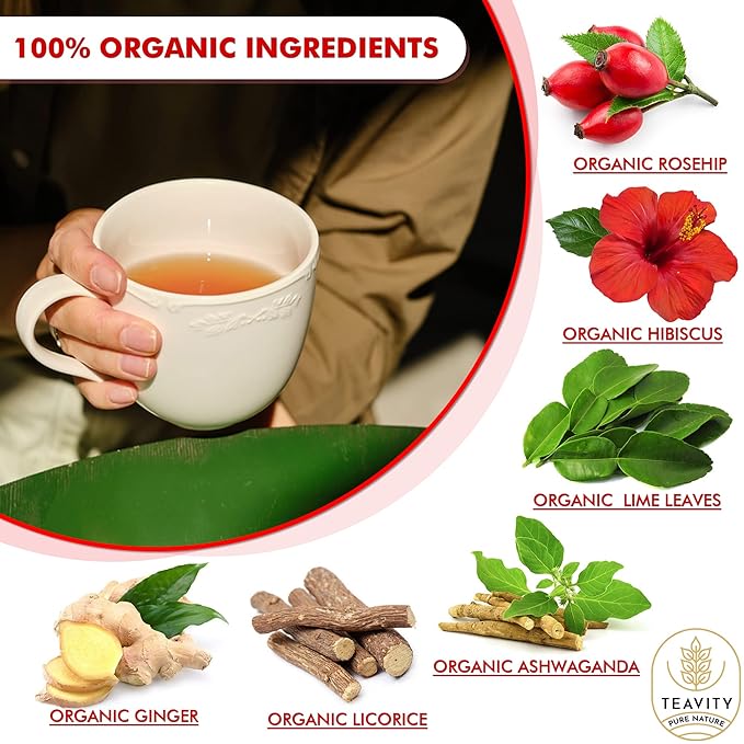 Organic Ashwagandha Tea Pods for Keurig with Ginger, Licorice, Organic Hibiscus Sabdariffa, Rosehip, & Lime - Decaf Herbal Tea - Energizing Tea by Teavity (24 Tea Pods)