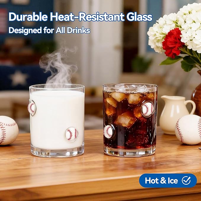 2 Pcs Handmade Baseball Icon Juice Glass Cup, Durable Heat-Resistant Glass, 14 oz Double Old Fashioned Drinking Glass Cup for Holiday Party Supplies Spring Gifts