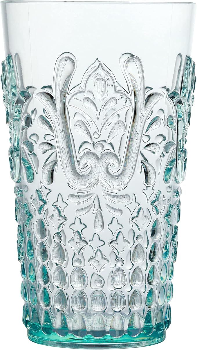 KLIFA- BLOIS- 20.5 ounce, Set of 6, Acrylic Highball Drinking Glasses, BPA-Free, Stackable Plastic Drinkware, Dishwasher Safe, Vintage Looking Cups, Light Teal