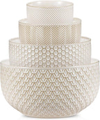 KooK Ceramic Mixing Bowls, Nesting Set of 4, Embossed Kitchen Dishware, Prep, Serving, Gift, Microwave and Dishwasher Safe, 20/44/98/145 oz, Narbonne Collection (Ivory)