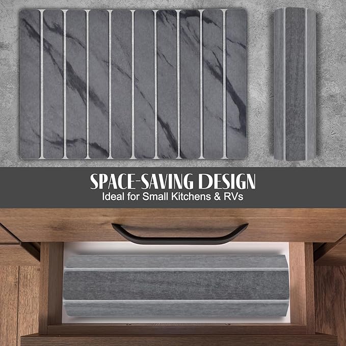 Large Stone Dish Drying Mats for Kitchen Counter, 24"(L)×16"(W) Marble Pattern, Quick Dry Collapsible Dish Drying Mat, Eco-Friendly Absorbent Diatomaceous Earth Mat for Dishes Bottles Cups - Dark Gary