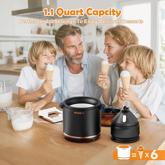 BRIOBITE 1.1 Quart Ice Cream Maker – Electric Ice Cream Machine for Gelato, Milkshakes & Sorbet,Perfect for 2-3 Servings, Easy to Use & Clean,Black