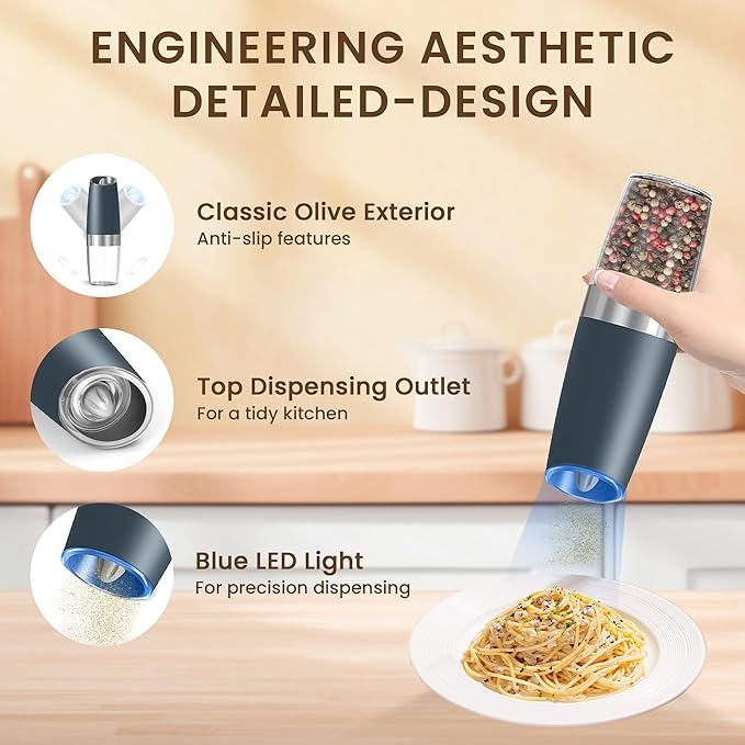 Gravity Electric Salt And Pepper Grinder Set, Automatic Salt And Pepper Grinder Set, Battery Powered (6 AAA Batteries Each), Adjustable Roughness, LED Light, 2 Pack, (Grey)