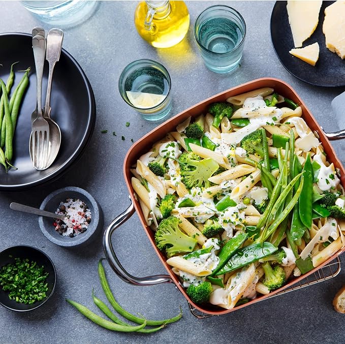 Moss & Stone 5 Pcs Copper Chef Cookware Non Stick Deep Frying Pan, Fry Basket, Steamer Rack, Dishwasher & Oven Safe, 5 Qt Deep Square Pan, Induction Copper Cookware Set - 9.5" x 3.5"