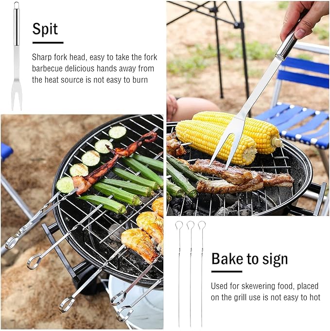 BBQ Grill Tool Set, 7 Pcs Stainless Steel Barbeque Grilling Tool Set, Includes a Spatula/Fork/Pair of Tongs, and 4 Corn skewers, BBQ Tools for Backyard Outdoor Kitchen