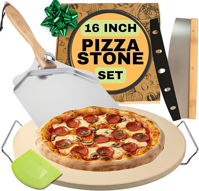 Round Pizza Stone for Oven 16 inch - Large Pizza Stone with Handles, Metal Pizza Peel, Pizza Cutter and Dough Tool - Baking Stone for Oven Bread - Thick Durable Cordierite Baking Stones