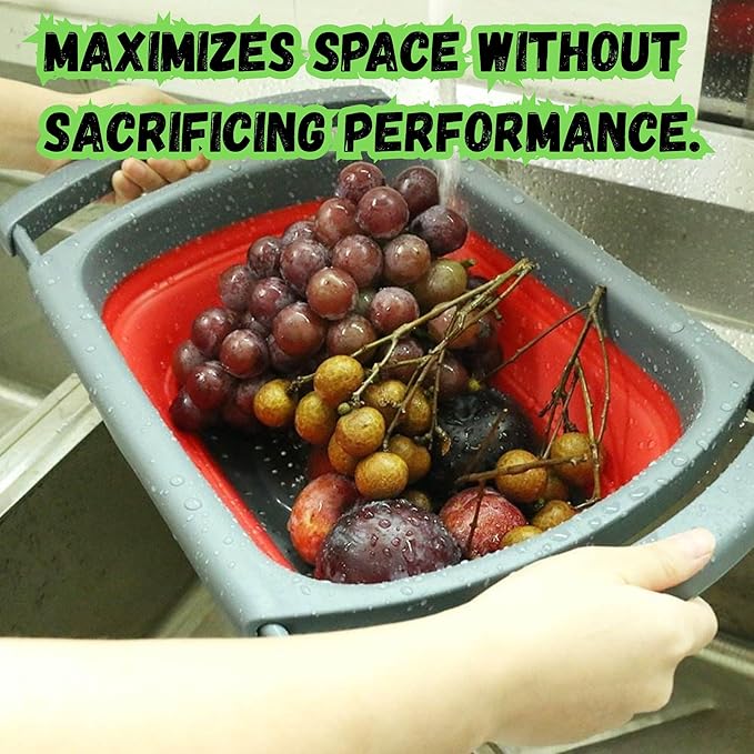 Over the Sink Collapsible Colander Strainer (5 Quart) with Extendable Handles, BPA Free Silicone Kitchen Strainer for Vegetables, Fruit & Pasta, Foldable Sink Colander Basket (1pc red)