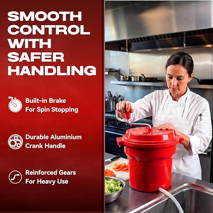 2.5 Gallon Chef Master Commercial Salad Spinner Dryer – Manual Lettuce Spinner and Fruit Washer Bowl with Strainer - Sealed Gearbox, Built In Brake System - Durable Spinner Mechanism - 90012