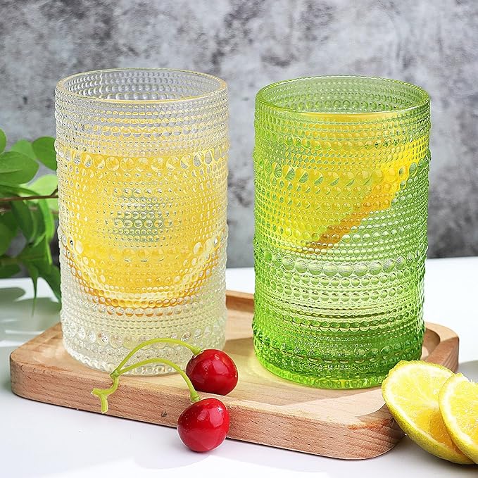 Hobnail-Drinking Glasses 13oz Vintage Glassware Sets Cocktail Juice Glasses Set of 6, Light Green