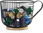 Coffee Pod Holder - Large Capacity Black Wire K Cup Storage with Wooden Base - Modern Coffee Basket Decor for Kitchen Countertop for Keurig Kcups & Espresso Capsules