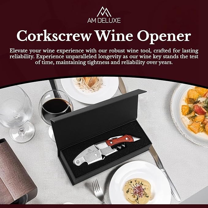 Waiters Corkscrew Wine Opener - Double-Hinged Fulcrum 3-In-1 Cork Screw Wine Bottle Opener Heavy Duty Stainless Steel & Pakka Wood. Serrated Foil Cutter. Beer Opener. Magnetic Gift Box