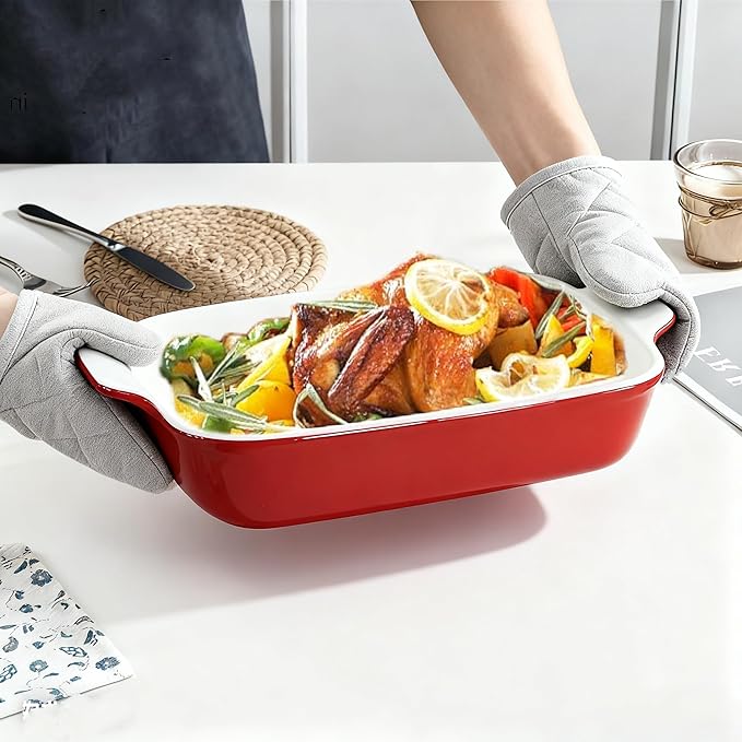 Domini Casserole Dishes for Oven, Ceramic Baking Dishes for Oven Set of 2, Lasagna Pan Deep, Baking Pan Set Square Casserole Dish Set with Handles for Baking, Pattern Red(13.6+9inch) Christmas
