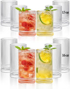 Ribbed Glassware Vintage Drinking Glasses 12Pcs - 6 Ribbed Tall Glasses 16Oz And 6 Ribbed Short Glasses 13Oz, Clear Glassware For Coffee, Cocktails, Smoothies, Juice, Beer, Water