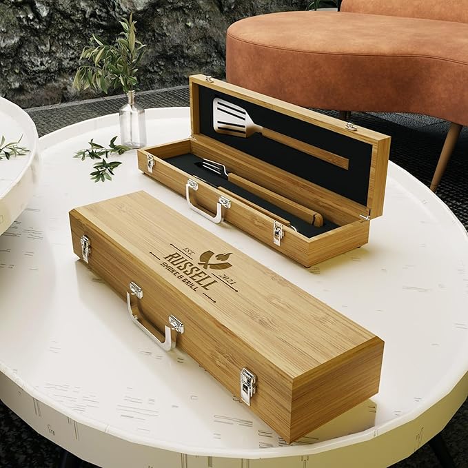 The Flame - Personalized BBQ Tool Set - 3 Utensils + Bamboo Box - BBQ Grilling Accessories - Grill Gifts for Him, Men, Dad, Husband - Smoker Accessories - Grill Utensils Set - Unique Men Birthday Gift