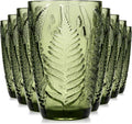 Vintage Green Drinking Glasses Set of 8, 12 oz Hand-Pressed Green Glass Tumblers, Deep Fern Embossed Antique Colored Glassware, Boho Style Textured Highball Cups, Retro Drinkware Gift Set for Home Bar