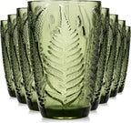 Vintage Green Drinking Glasses Set of 8, 12 oz Hand-Pressed Green Glass Tumblers, Deep Fern Embossed Antique Colored Glassware, Boho Style Textured Highball Cups, Retro Drinkware Gift Set for Home Bar