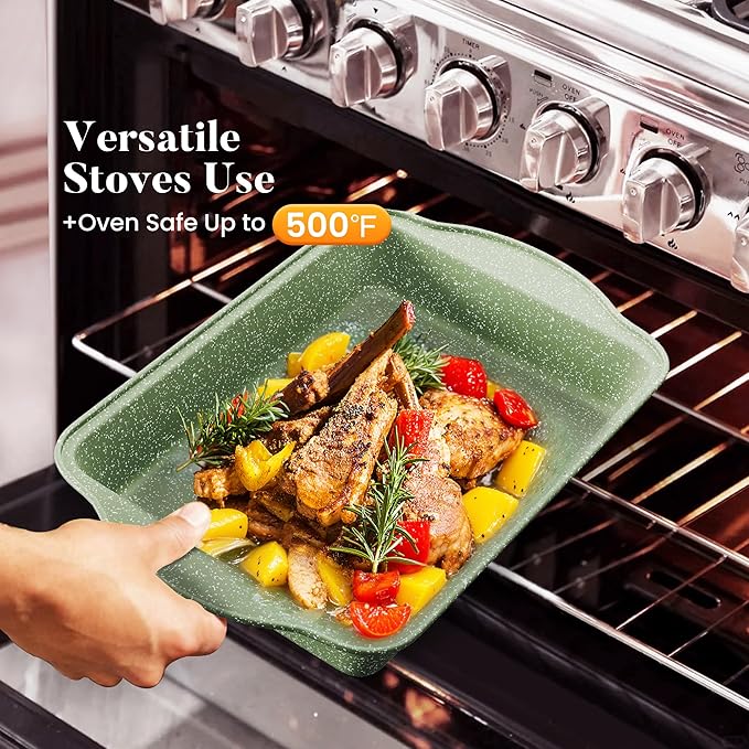 Kitchen Academy 17 Pieces Induction Cookware Set with Griddle, Green Granite Pots and Pans Set Non Stick, Healthy Nonstick Cooking Pans Set