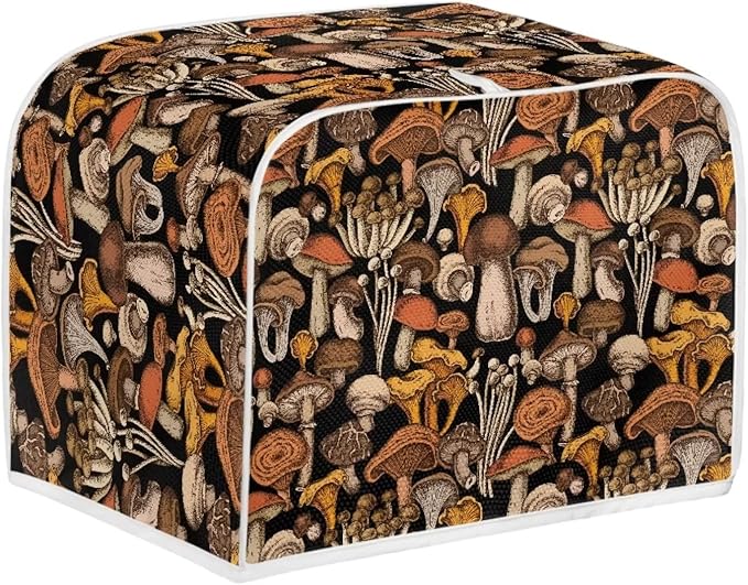 JEOCODY Mushroom Print Toaster Cover for 2 Slice Wide Slot Bread Maker - Small Appliance Dust Protection With Handle for Kitchen, Washable