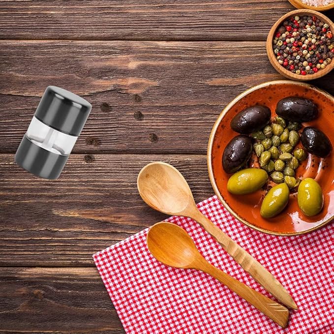 T-mark Premium Sea Salt and Pepper Grinder Set - Spice Mill with Brushed Stainless Steel, Small Portable Ceramic Salt & Pepper Shakers (2-Pack) (Black)