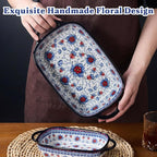 Ceramic Casserole Dishes for Oven, Hand-painted Polish Pottery Baking Dish Set of 2, 0.8QT / 2QT Porcelain Casserole Dishes with Handles, Baking Pan Lasagna Pan, Gift for Family/Friend (Blue)