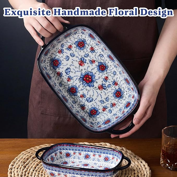 Ceramic Casserole Dishes for Oven, Hand-painted Polish Pottery Baking Dish Set of 2, 0.8QT / 2QT Porcelain Casserole Dishes with Handles, Baking Pan Lasagna Pan, Gift for Family/Friend (Blue)