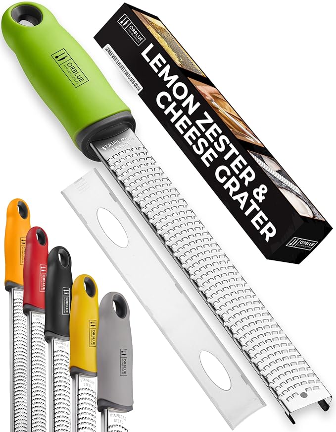 Orblue Lemon Zester & Cheese Grater - Premium Citrus Zester, Kitchen Grater for Parmesan, Chocolate, Fruits, Vegetables, Ginger, Garlic, Nutmeg - Stainless Steel Blades with Protective Cover, Green