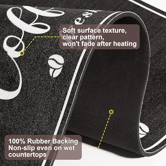CooRug Absorbent Coffee Mat, Fashion Dish Drying Mat for Kitchen Counter Coffee Bar Accessories Espresso Machine Dish Rack 16" x 24" Black