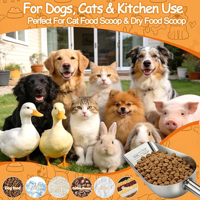 Palksky Dog & Cat Food Scoop, 1 Cup Stainless Steel Pet Food Measuring Cup with Long Handle, Precision Scale, Easy to Clean for Wet or Dry Food, 2 Packs