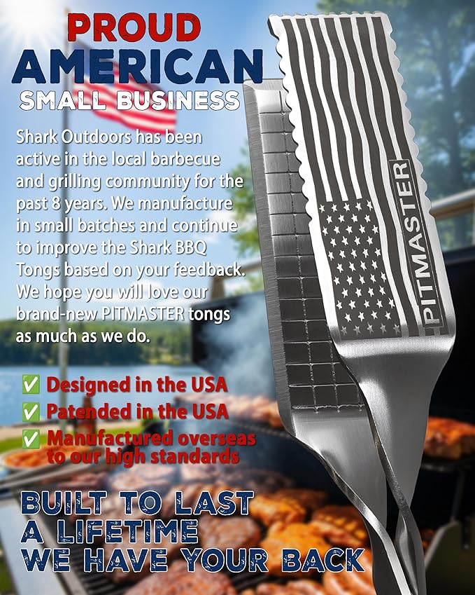 Shark BBQ Pitmaster Grill Tongs, 2X Stronger, Heavy-Duty for Big Hands & Large Cuts. Long-Reach Barbecue Grilling Tongs. Premium Stainless Steel Tong (Hunter Orange)