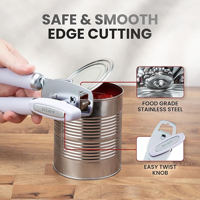 Zulay Kitchen Heavy Duty Stainless Steel Can Opener Manual with Bottle Opener - Rust Proof Manual Can Opener With Turn Knob & Comfy Soft Grip Handles - Light Lilac